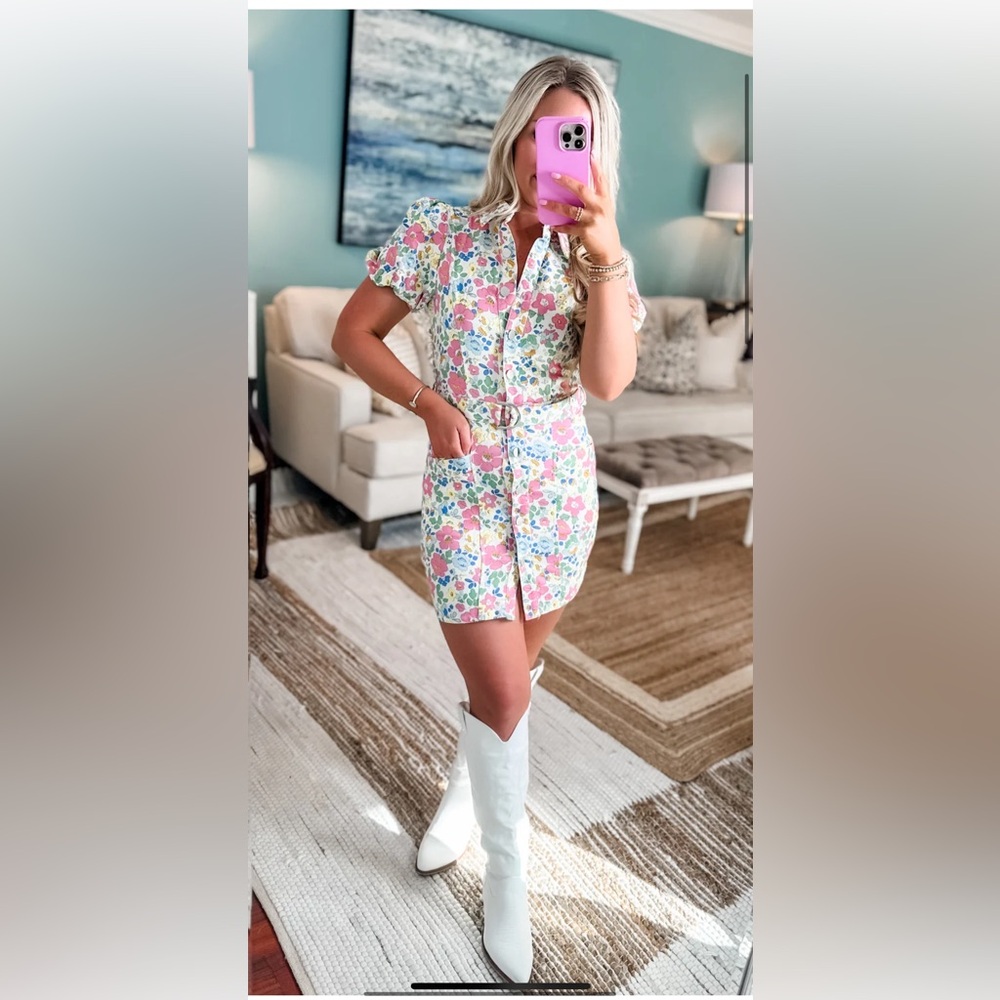 NWT: floral  button front denim dress. Size small.
